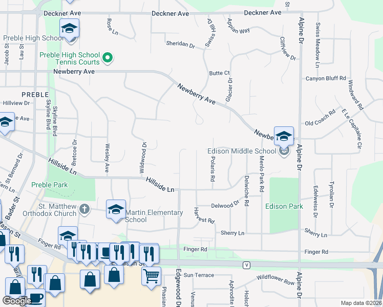 map of restaurants, bars, coffee shops, grocery stores, and more near 2520 Edgewood Lane in Green Bay