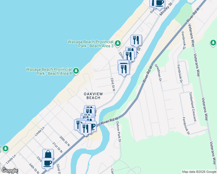 map of restaurants, bars, coffee shops, grocery stores, and more near 13 5th Lane in Wasaga Beach