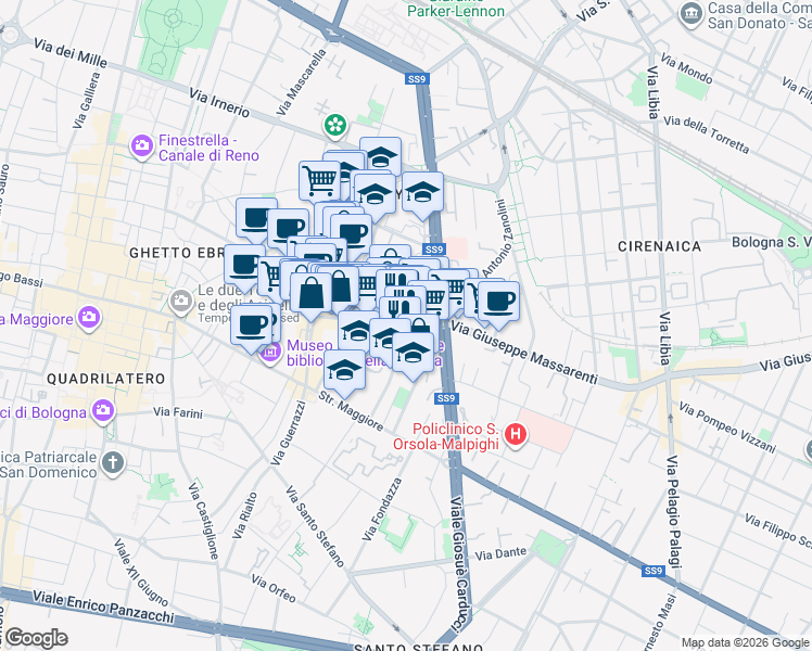 map of restaurants, bars, coffee shops, grocery stores, and more near 7 Via San Leonardo in Bologna