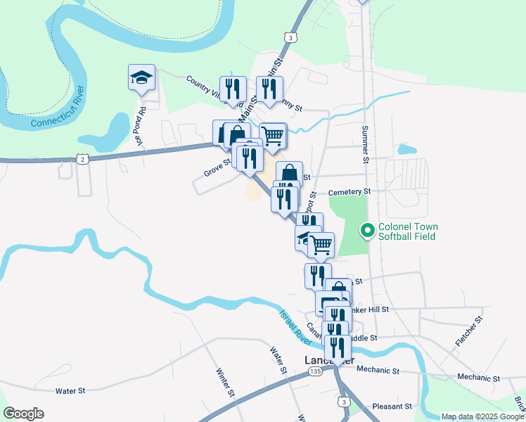 map of restaurants, bars, coffee shops, grocery stores, and more near 186 Main Street in Lancaster