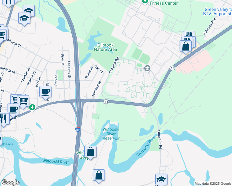 map of restaurants, bars, coffee shops, grocery stores, and more near One Winooski Park in Colchester