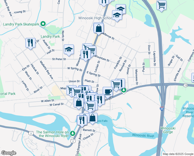 map of restaurants, bars, coffee shops, grocery stores, and more near 65 East Spring Street in Winooski