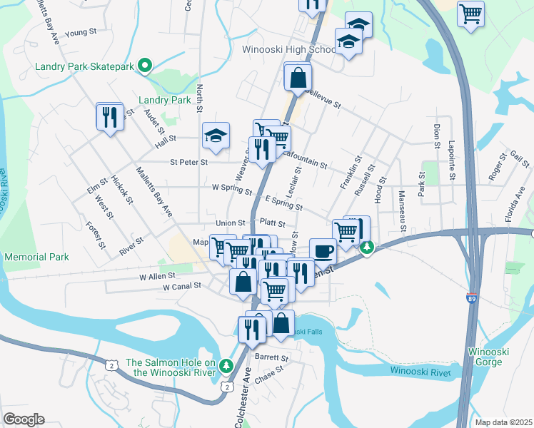 map of restaurants, bars, coffee shops, grocery stores, and more near 26 East Spring Street in Winooski