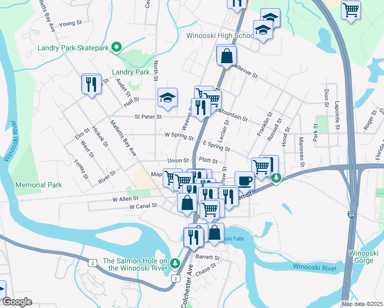 map of restaurants, bars, coffee shops, grocery stores, and more near 170 Main Street in Winooski