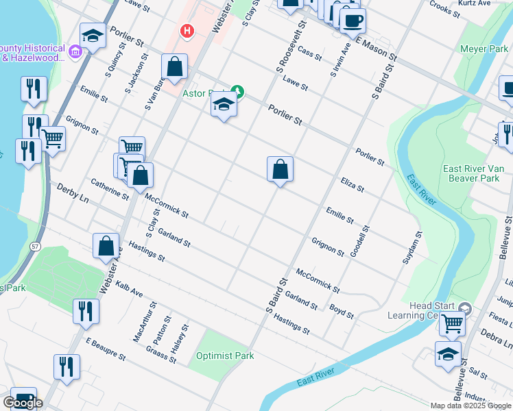 map of restaurants, bars, coffee shops, grocery stores, and more near 1269 Grignon Street in Green Bay