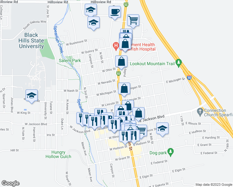 map of restaurants, bars, coffee shops, grocery stores, and more near 129 West Michigan Street in Spearfish