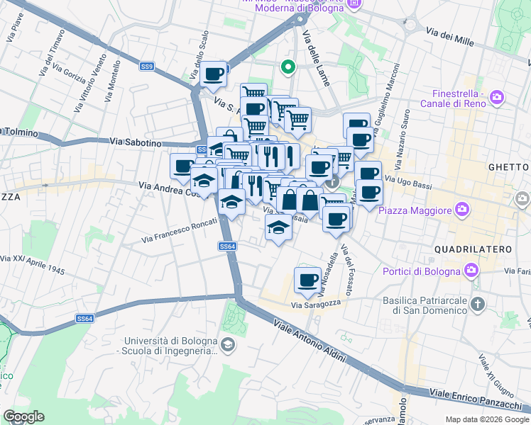 map of restaurants, bars, coffee shops, grocery stores, and more near 57 Via Sant'Isaia in Bologna