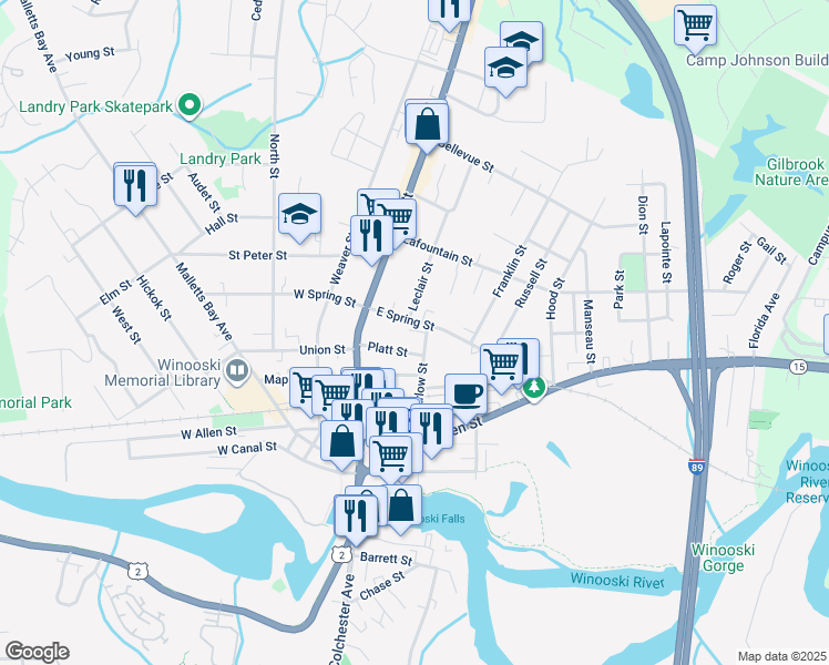 map of restaurants, bars, coffee shops, grocery stores, and more near 26 East Spring Street in Winooski