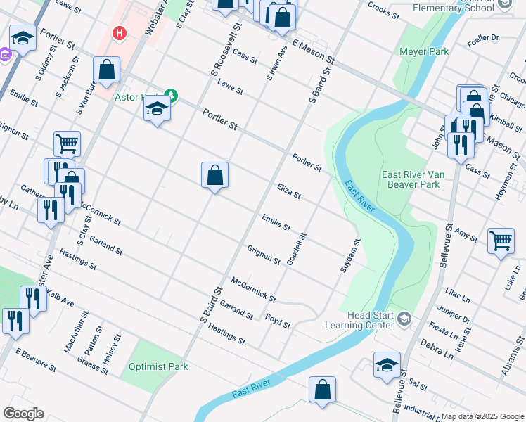 map of restaurants, bars, coffee shops, grocery stores, and more near 1021 South Baird Street in Green Bay