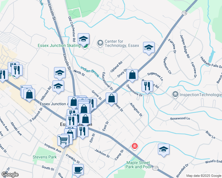 map of restaurants, bars, coffee shops, grocery stores, and more near 80 Main Street in Essex Junction