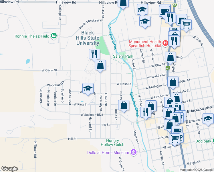 map of restaurants, bars, coffee shops, grocery stores, and more near 1044 Tulane Street in Spearfish