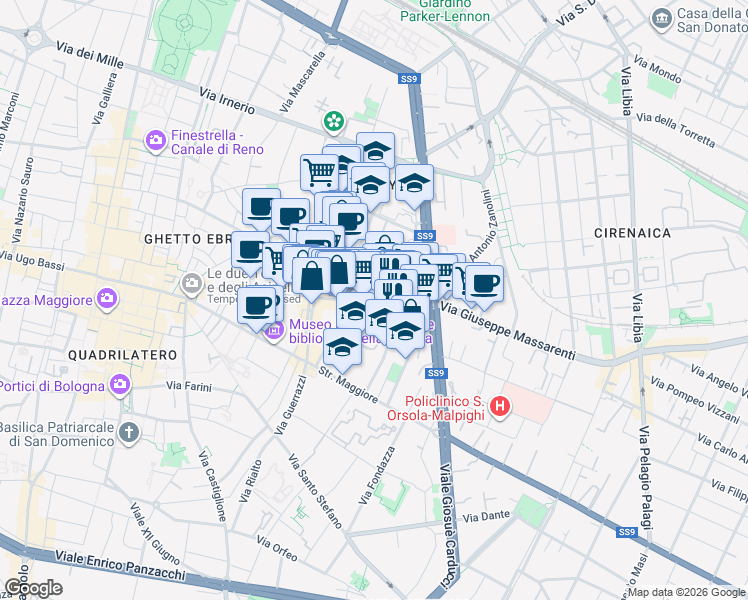 map of restaurants, bars, coffee shops, grocery stores, and more near 5-7 Via San Leonardo in Bologna