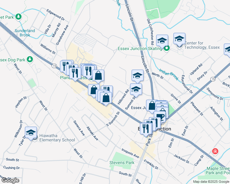 map of restaurants, bars, coffee shops, grocery stores, and more near 5 North Hillcrest Road in Essex