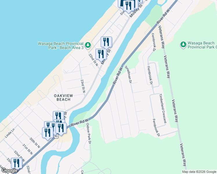 map of restaurants, bars, coffee shops, grocery stores, and more near 1982 River Road West in Wasaga Beach