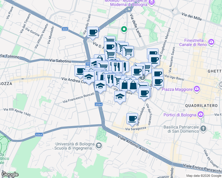 map of restaurants, bars, coffee shops, grocery stores, and more near 57 Via Sant'Isaia in Bologna