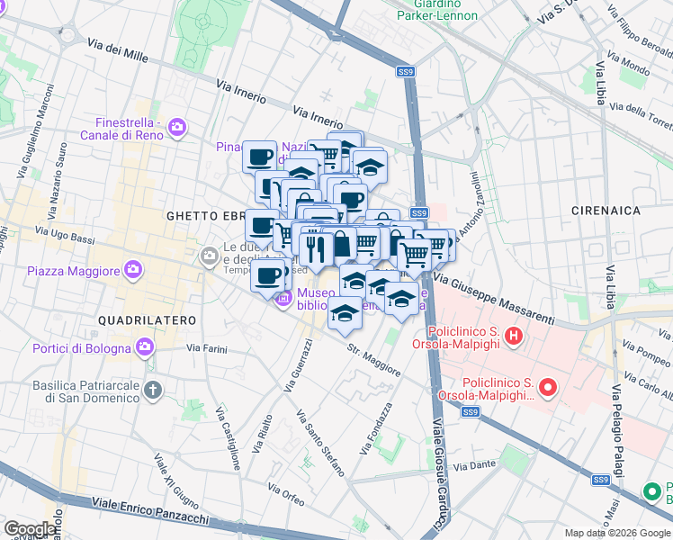 map of restaurants, bars, coffee shops, grocery stores, and more near 66 Via San Vitale in Bologna
