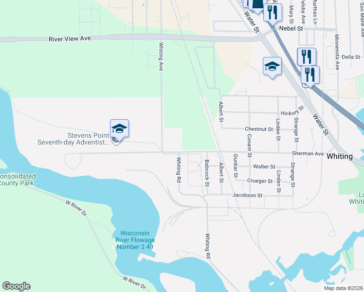 map of restaurants, bars, coffee shops, grocery stores, and more near 1115 Sherman Avenue in Stevens Point
