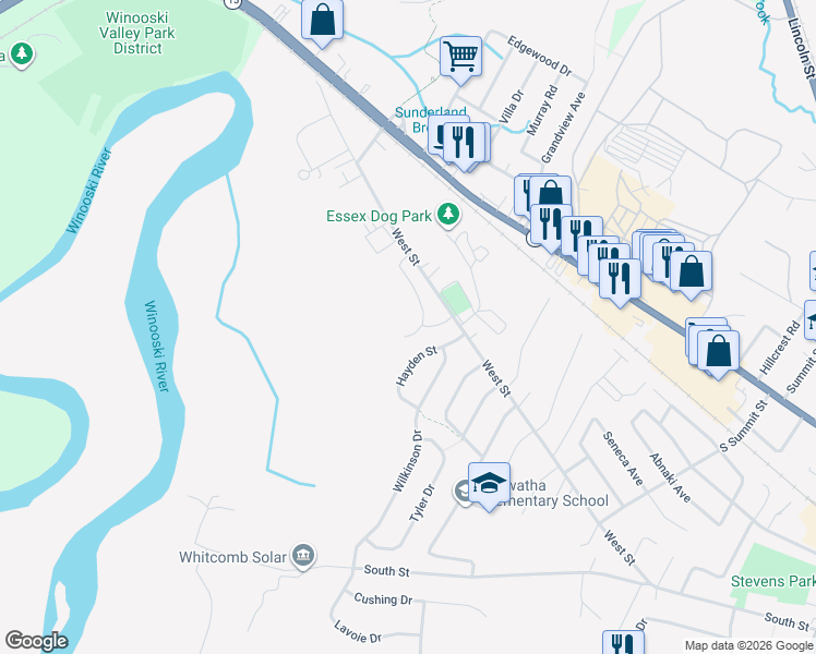 map of restaurants, bars, coffee shops, grocery stores, and more near 128 West Street in Essex