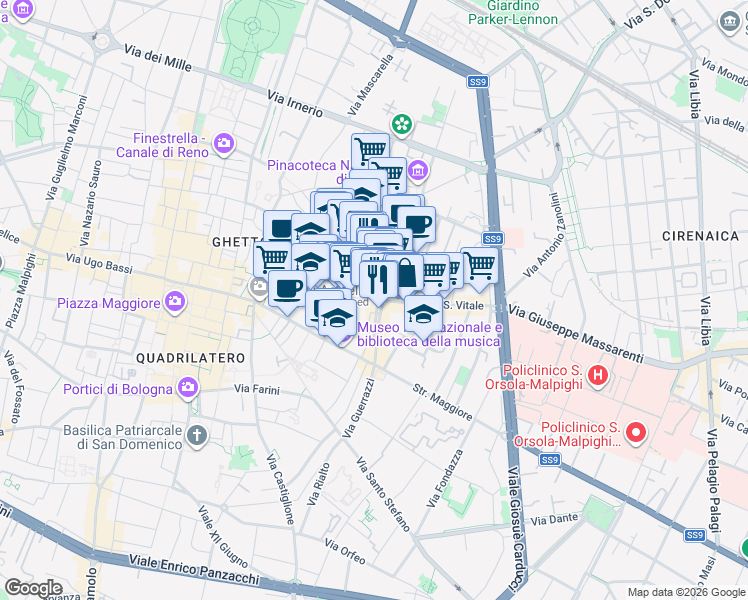 map of restaurants, bars, coffee shops, grocery stores, and more near 66 Via San Vitale in Bologna