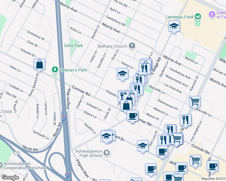 map of restaurants, bars, coffee shops, grocery stores, and more near 1106 Orlando Drive in Green Bay