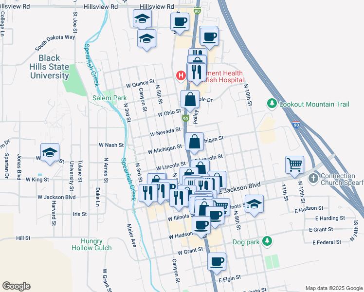 map of restaurants, bars, coffee shops, grocery stores, and more near 129 West Michigan Street in Spearfish