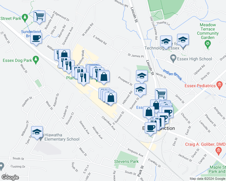 map of restaurants, bars, coffee shops, grocery stores, and more near 63 Pearl Street in Essex