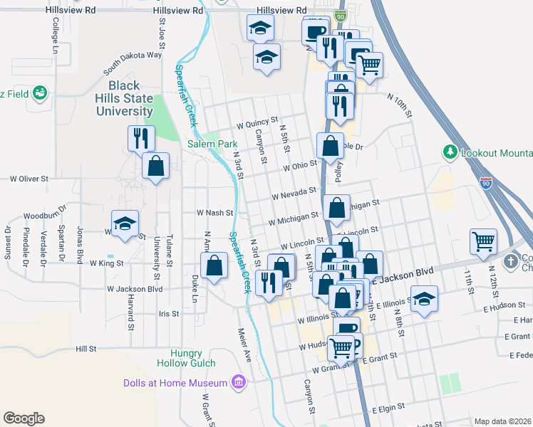 map of restaurants, bars, coffee shops, grocery stores, and more near 1116 Canyon Street in Spearfish