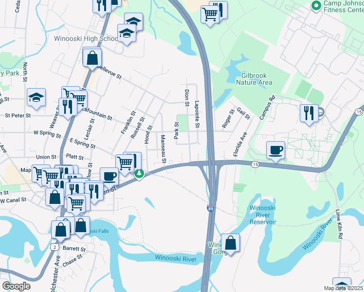 map of restaurants, bars, coffee shops, grocery stores, and more near 21 Corrine Street in Winooski