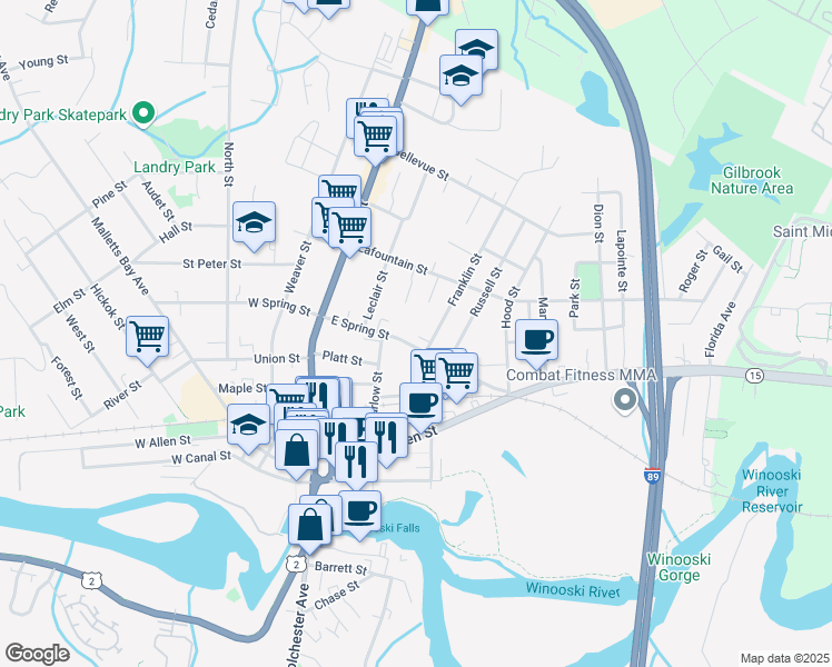 map of restaurants, bars, coffee shops, grocery stores, and more near 8B Franklin Street in Winooski