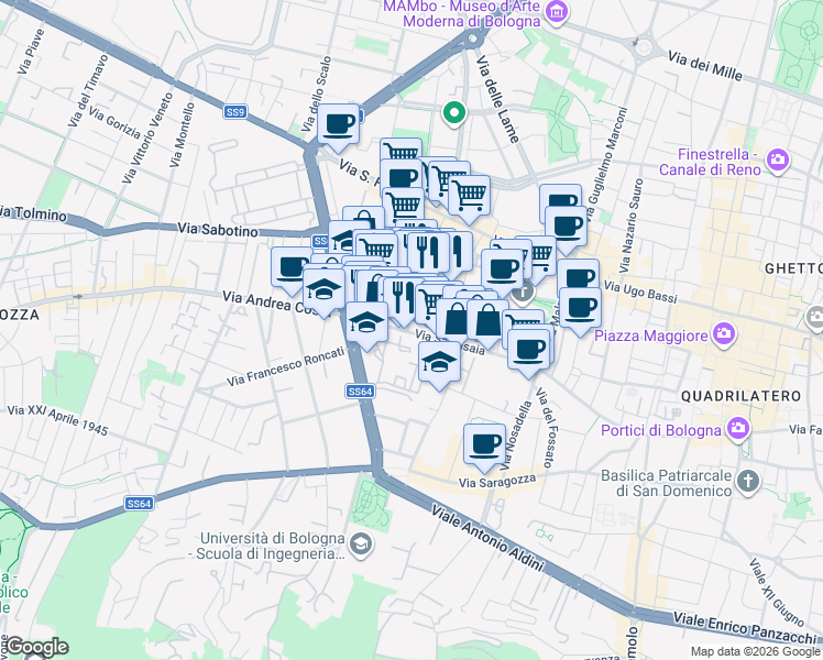 map of restaurants, bars, coffee shops, grocery stores, and more near 57 Via Sant'Isaia in Bologna