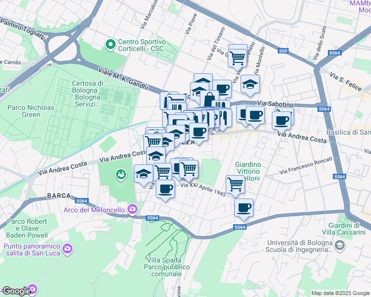 map of restaurants, bars, coffee shops, grocery stores, and more near 6 Via Giovanni Paolo Martini in Bologna