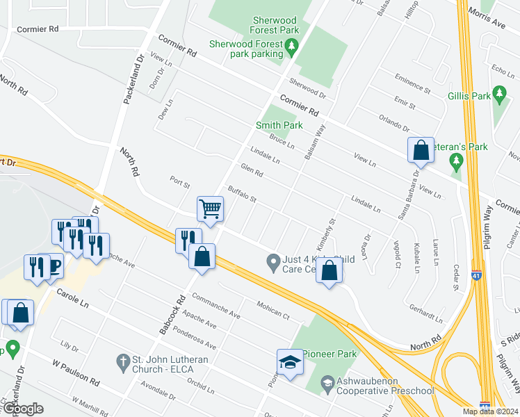 map of restaurants, bars, coffee shops, grocery stores, and more near 1491 Buffalo Street in Green Bay