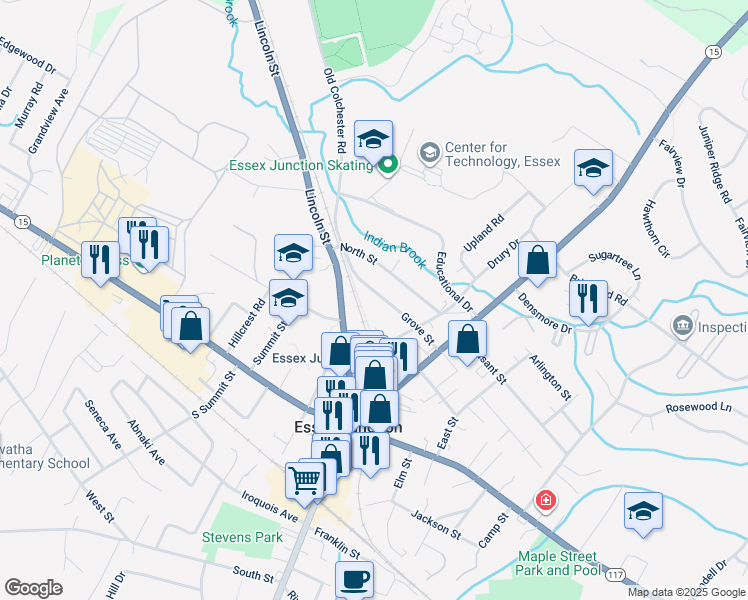 map of restaurants, bars, coffee shops, grocery stores, and more near 30 Grove Street in Essex