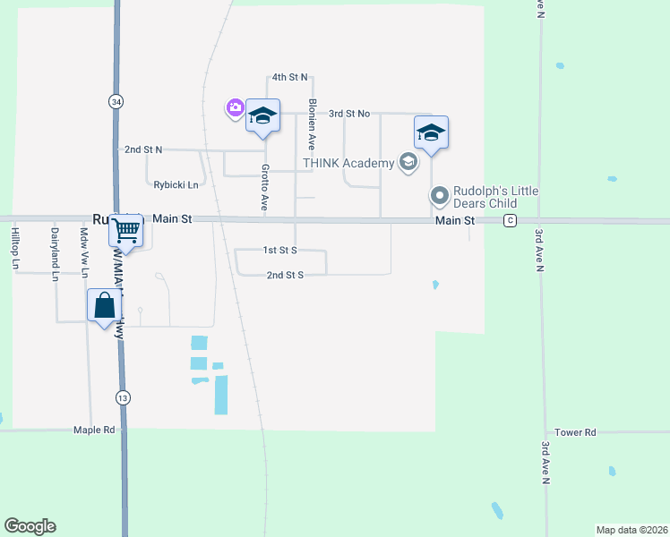 map of restaurants, bars, coffee shops, grocery stores, and more near 1490 2nd Street South in Rudolph