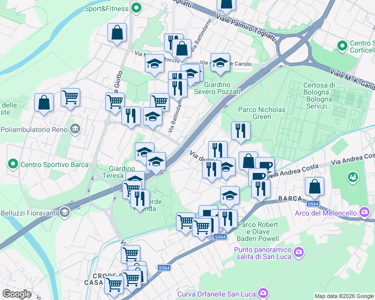 map of restaurants, bars, coffee shops, grocery stores, and more near 26-28 Via Saragat Giuseppe in Bologna