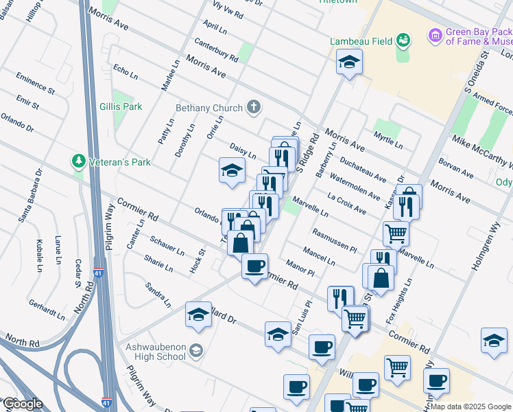 map of restaurants, bars, coffee shops, grocery stores, and more near 1045 Marvelle Lane in Green Bay