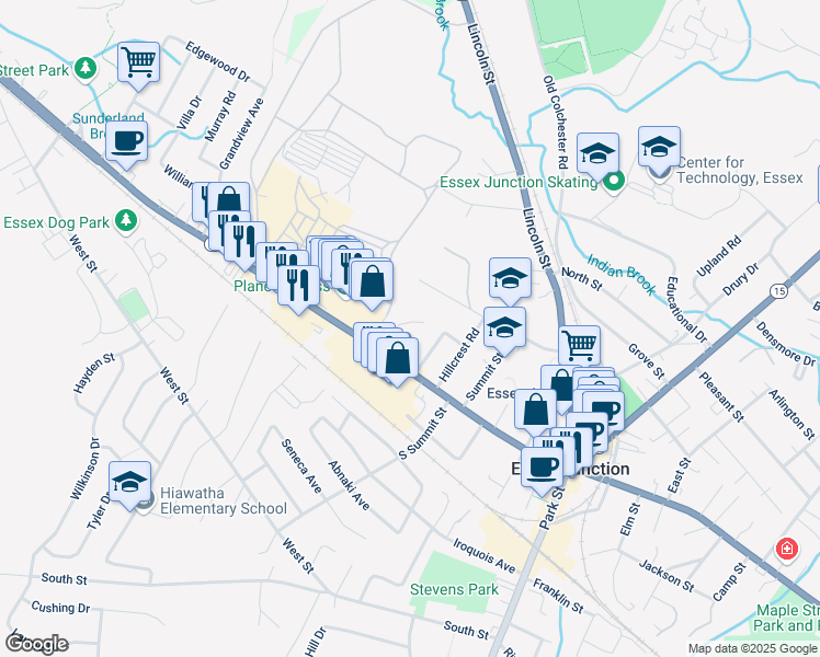 map of restaurants, bars, coffee shops, grocery stores, and more near 63 Pearl Street in Essex