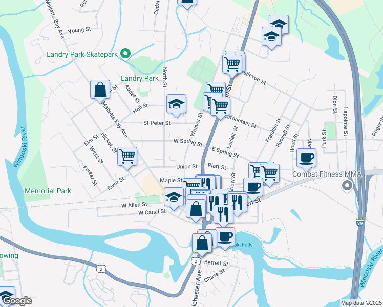 map of restaurants, bars, coffee shops, grocery stores, and more near 156 Weaver Street in Winooski
