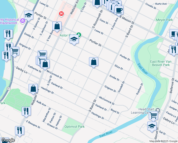 map of restaurants, bars, coffee shops, grocery stores, and more near 1269 Grignon Street in Green Bay