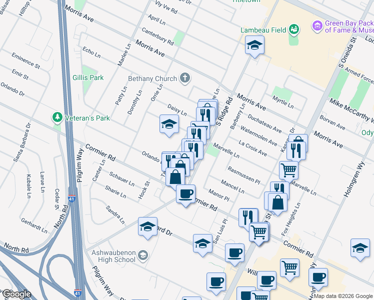 map of restaurants, bars, coffee shops, grocery stores, and more near 1045 Marvelle Lane in Green Bay