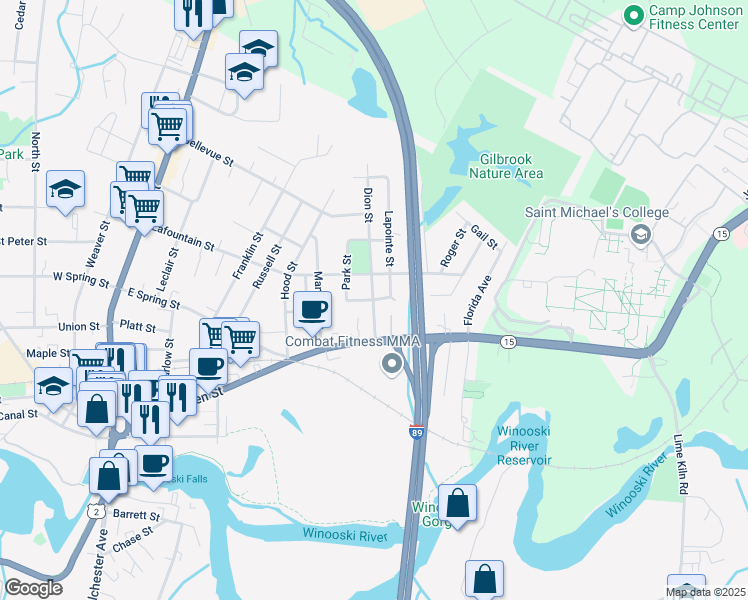 map of restaurants, bars, coffee shops, grocery stores, and more near 6 Corrine Street in Winooski