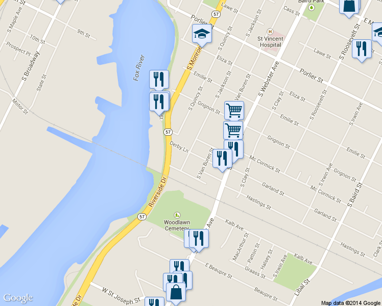 map of restaurants, bars, coffee shops, grocery stores, and more near 821 1/2 Derby Lane in Green Bay