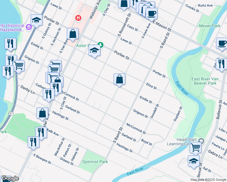 map of restaurants, bars, coffee shops, grocery stores, and more near 1269 Grignon Street in Green Bay