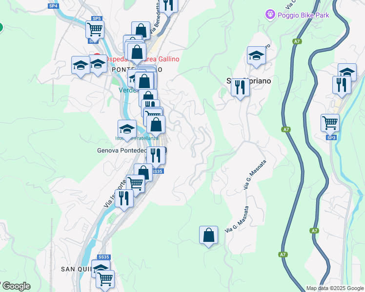 map of restaurants, bars, coffee shops, grocery stores, and more near 9 Salita Serra Riccò in Genova