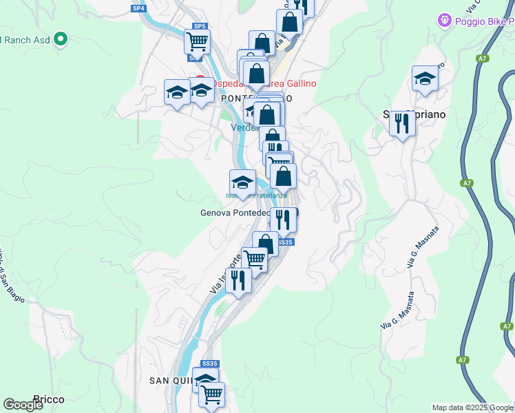 map of restaurants, bars, coffee shops, grocery stores, and more near Via delle Fonderie Grondona in Genoa