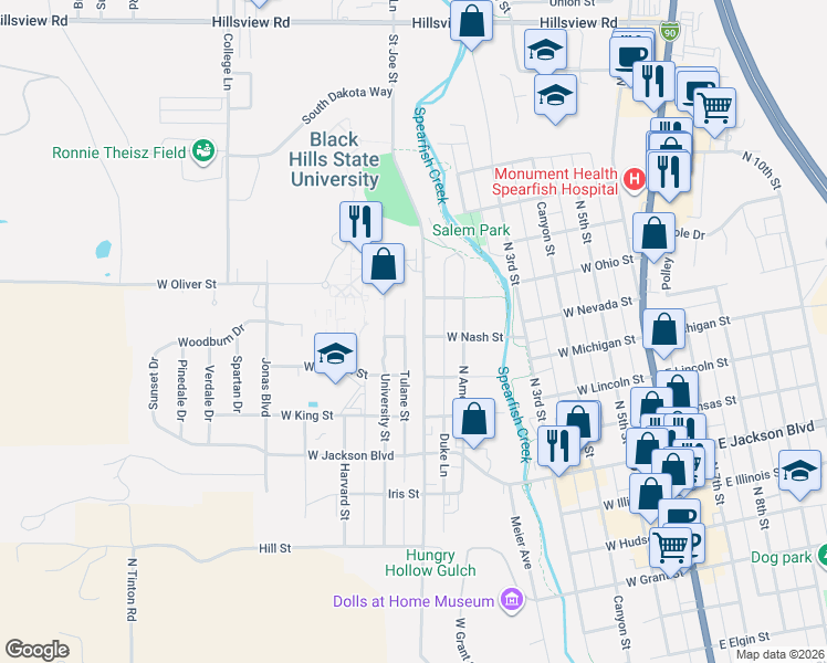 map of restaurants, bars, coffee shops, grocery stores, and more near 646 Saint Joe Street in Spearfish