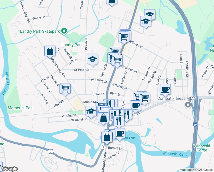 map of restaurants, bars, coffee shops, grocery stores, and more near 170 Main St in Winooski