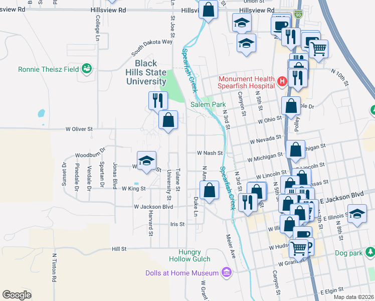 map of restaurants, bars, coffee shops, grocery stores, and more near 646 Saint Joe Street in Spearfish