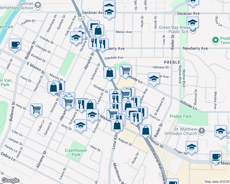 map of restaurants, bars, coffee shops, grocery stores, and more near 1812 Main Street in Green Bay