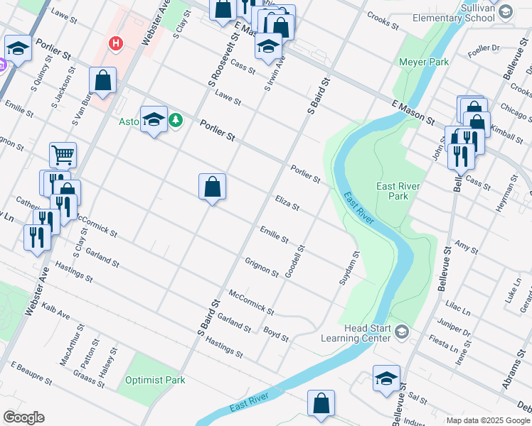 map of restaurants, bars, coffee shops, grocery stores, and more near 1021 South Baird Street in Green Bay